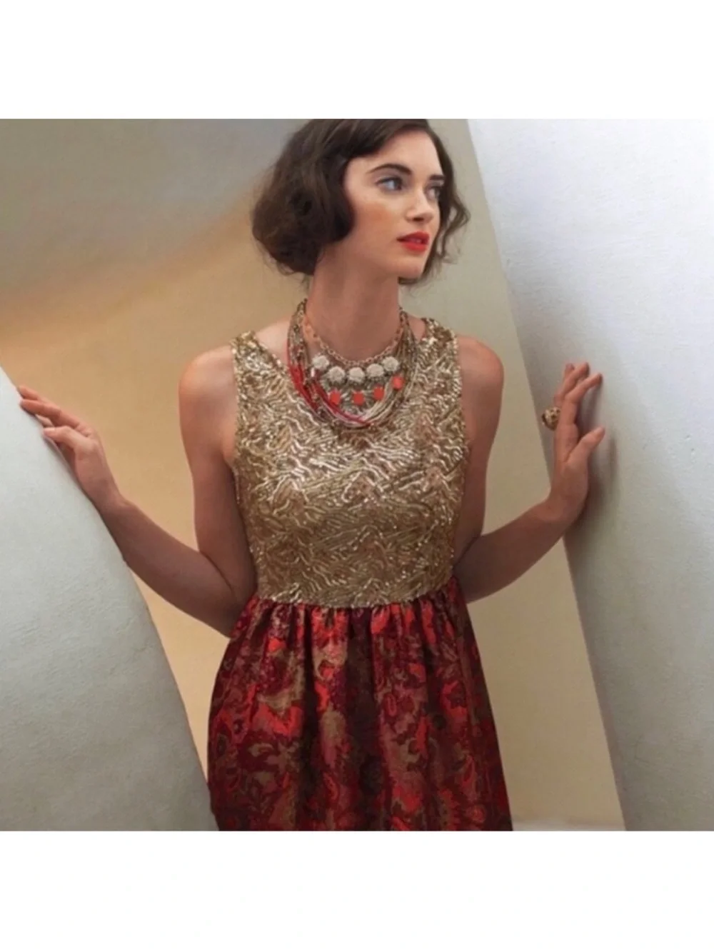 Anthropologie Wren Holiday Sequin Tapestry Party Dress Gold Pink Size M